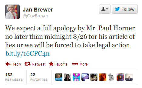 Governor Jan Brewer tweet about Paul Horner and hoax article