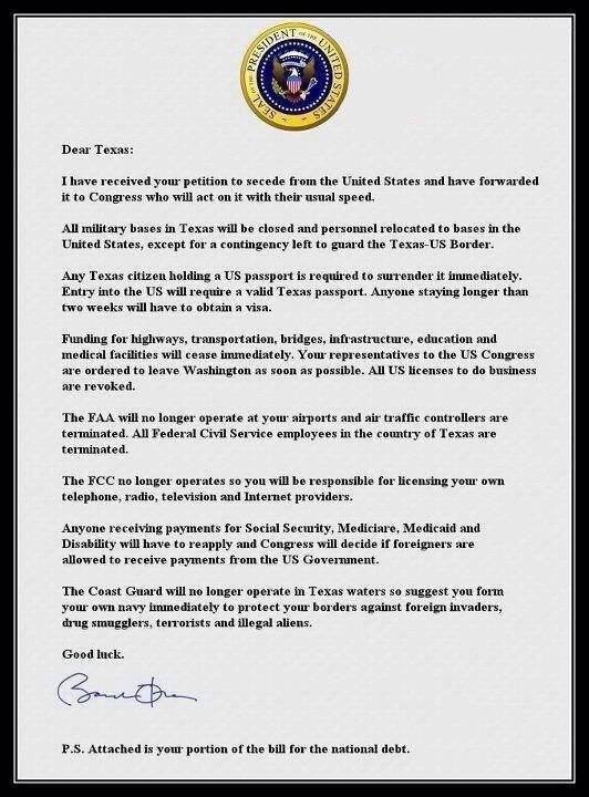 Obama's letter to Texas to Secede