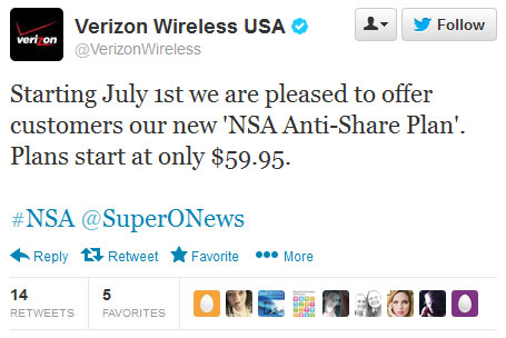 Tweet from Verizon about the NSA and their new NSA Ant-Share Plan